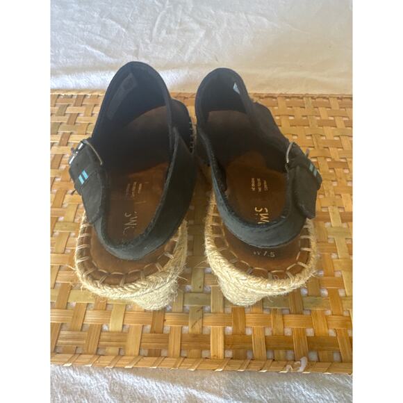 TOMS Women’s Black Canvas Espadrille Wedge Sandals Size 7.5 Peep Toe Ankle Strap - Picture 3 of 5